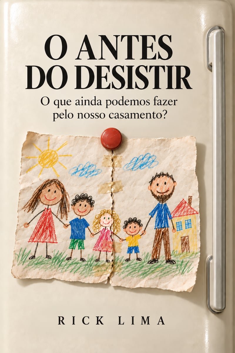 Capa do e-book O Antes do Desistir, de Rick Lima: um desenho infantil de família, rasgado ao meio e colado com fita adesiva, preso por um ímã vermelho em uma geladeira creme.